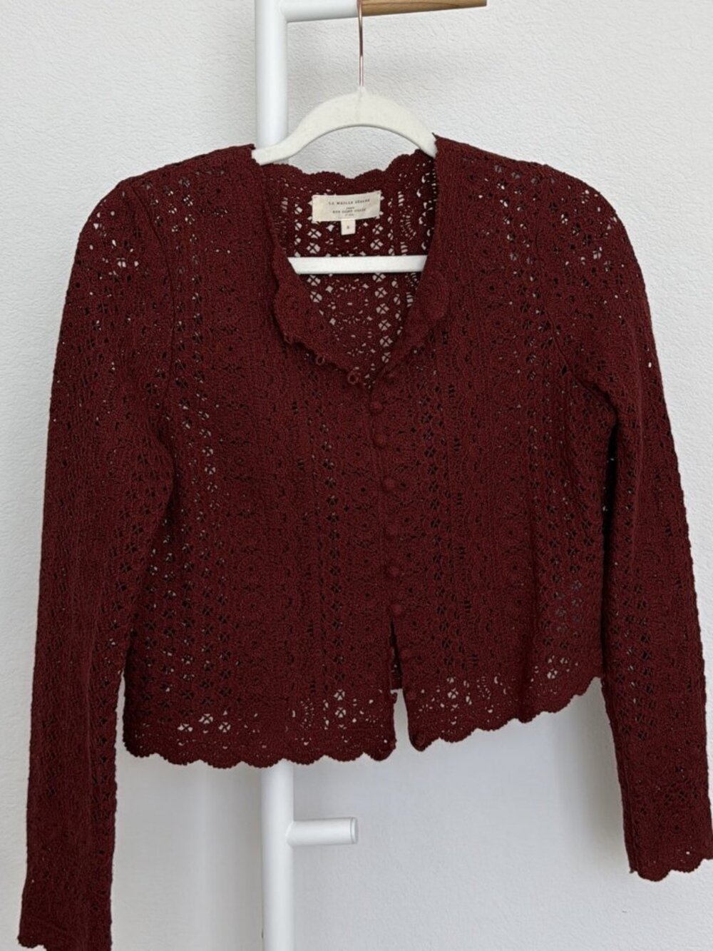 Sezane Women's Burgundy Open Knit Cropped Cardigan Sweater Scalloped Hem